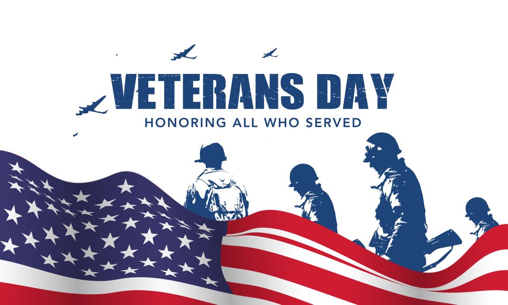 Veterans Day banner with silhouette of soldiers and planes flying overhead